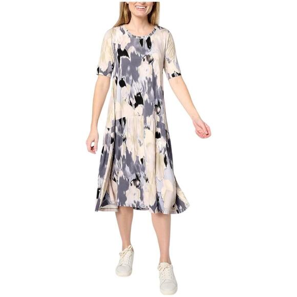 LOGO‎ by Lori Goldstein Elbow Sleeve Crew Neck Dress Neutral Combo Jersey Large - Picture 1 of 7